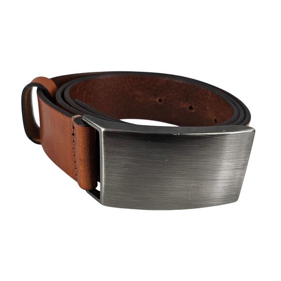 MADE IN ITALY MEN’S BROWN LEATHER BELT BRUSHED STEEL BUCKLE • SIZE 90 (31"–34") - Picture 2 of 8